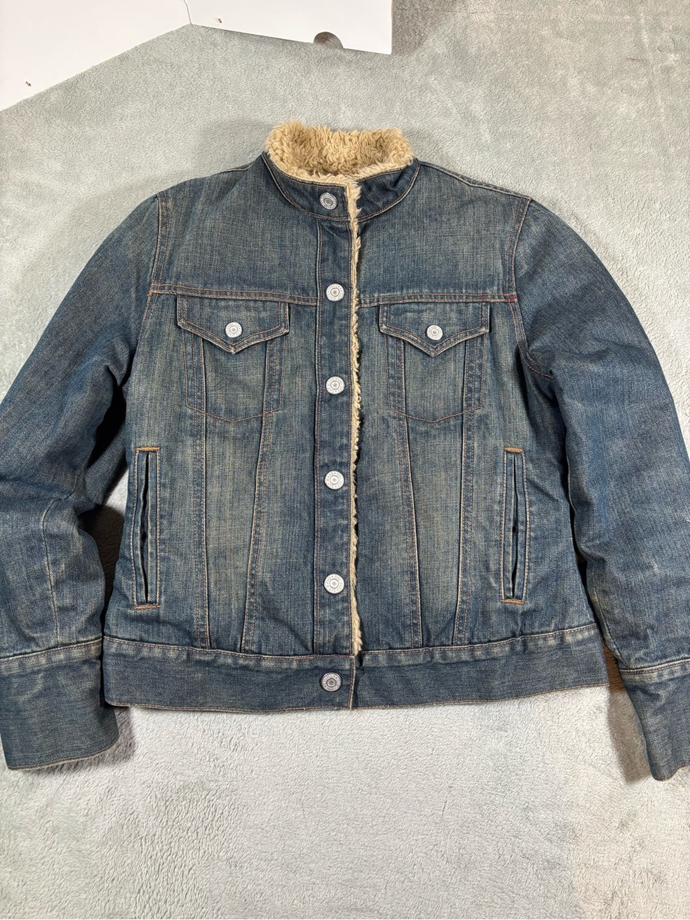 Vintage 2003 GAP Fall Sherpa Lined Denim Jacket Mandarin Collar Y2K - Small